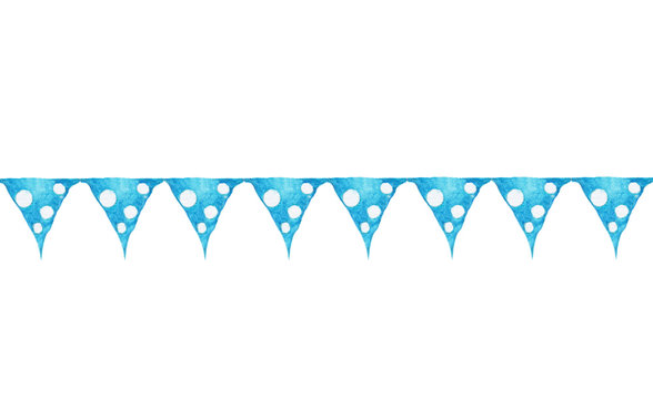 Blue bunting flags watercolor hand painted Illustration Isolated on white background.