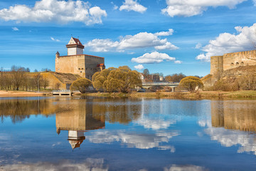 View of Narva Castle with tall Herman's tower in day. Estonia