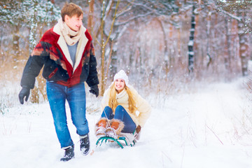 A happy couple is riding a sled in the snow in a park in the winter. St. Valentine's Day.