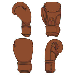 Set of illustrations with brown leather boxing gloves.  Isolated vector objects on white.