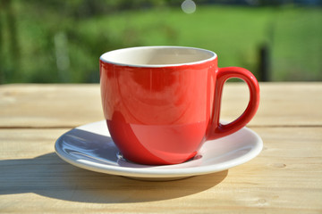 Coffee red cup in garden