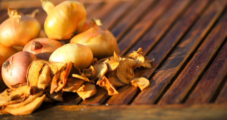 onion harvest and dried apples on a wooden table.