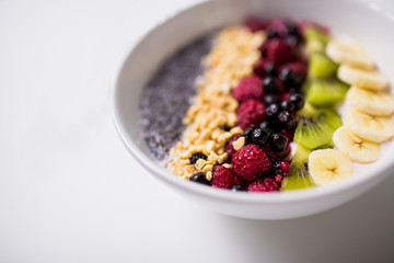 bowl of yogurt with fruits and seeds