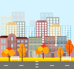 City street view, buildings in autumn season. Vector Mapple leaves backgrounds