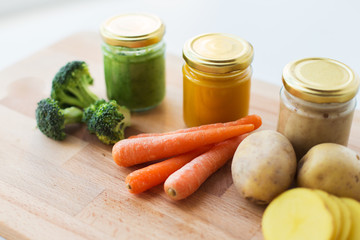 vegetable puree or baby food in glass jars