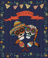  Mexican day of the dead poster. Hand drawn vector illustration with skulls.