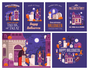 Halloween concept cards and illustrations set. Halloween party invitation templates, trick or treat banner and congratulation card with traditional elements and symbols.