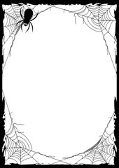Happy Halloween poster with black frame from spider web in corners on white background. Trick or treat. Vector illustration