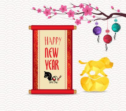 Chinese New Year festive vector card with scroll and chinese calligraphy
