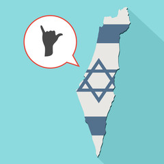 Animation of a long shadow Israel map with its flag and a comic balloon with a Shaka hand sign