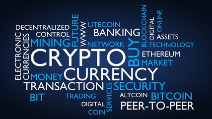 Crypto currency word tag cloud. 3D rendering, blue variant.