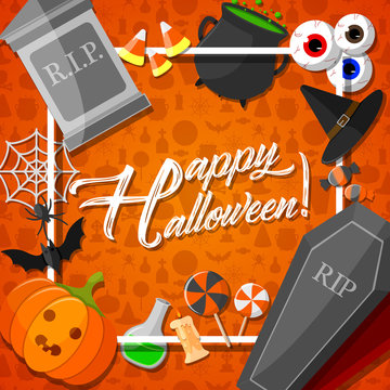 Halloween banner with flat icons stickers on orange background