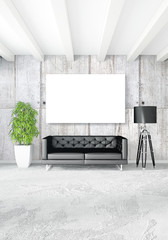 White bedroom or livingroom minimal style interior design with stylish wall and sofa. 3D Rendering. Conept of show room