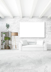 White bedroom or livingroom minimal style interior design with stylish wall and sofa. 3D Rendering. Conept of show room