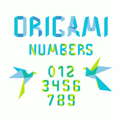 Poster with birds and paper folded numbers in origami style on white background. Modern geometric font numerals in blue. Vector illustration.