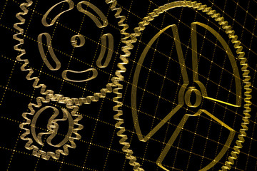 Set of orange gears and cogs on virtual screen