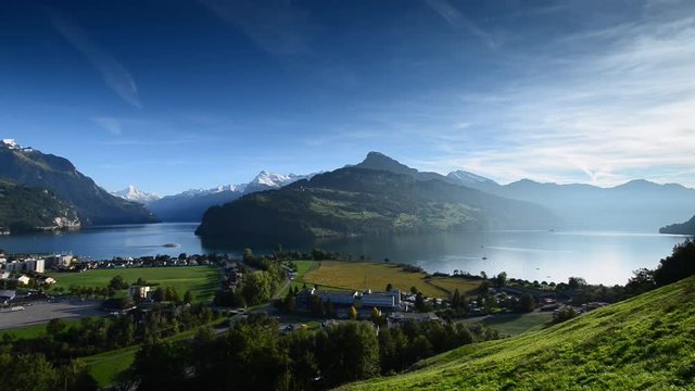 Panorama of the canton Schwyz. Residential houses, architecture. Small towns of Europe. Switzerland. Lake Lucerne.