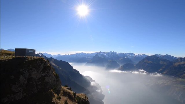 Stoos (1,300 &ndash; 1,935 metres above sea level) The circle trail around lake lucerne. Aerial landscape.  Morschach. View Point Stoos top of the mountain. The clouds are floating under your feet.