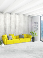 White bedroom or livingroom minimal style interior design with stylish wall and sofa. 3D Rendering. Conept of show room