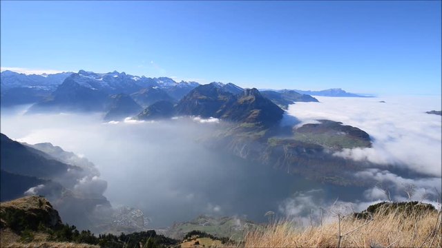 Stoos (1,300 &ndash; 1,935 metres above sea level) The circle trail around lake lucerne. Aerial landscape.  Morschach. View Point Stoos top of the mountain. The clouds are floating under your feet.