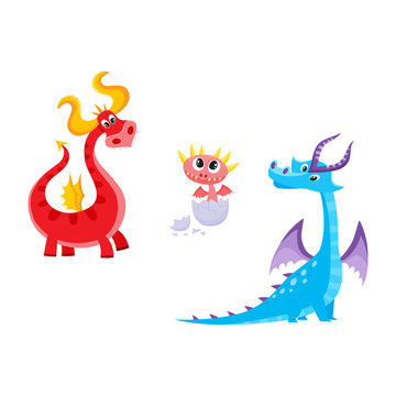 vector flat cartoon funny blue, marine and red fire adult, mature dragons with horns and wings and baby hatching from egg cute fairy dragon characters set. Isolated illustration on a white background.