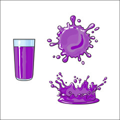 Vector cartoon glass cup of purple fresh fruit juice, juice drop splash set. Isolated illustration on a white background. Soft drink, refreshing beverage image.