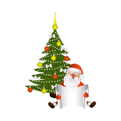 vector cartoon Santa Claus sitting keeping blank white paper with free space for a text on the background of decorated christmas spruce tree. Illustration isolated on a white background.