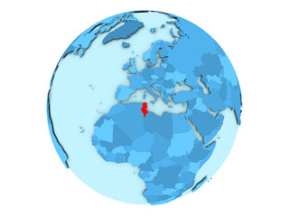 Tunisia on blue globe isolated
