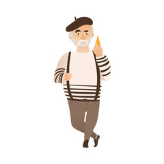 vector flat cartoon man with grey mustache and beard holding cheese wearing felt beret, pants on suspenders. French parisian style male portrait full length. Isolated illustration ona white background