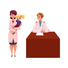 Two doctors, pediatricians - woman holding little girl, man sitting at the desk, cartoon vector illustration isolated on white background. Two cartoon style doctors, pediatricians, man and woman