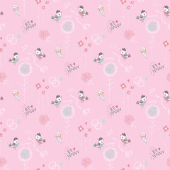 Fototapeta premium Cute pink seamless pattern with flowers, birds and ice cream. Vector baby design for fashion apparels, t shirt, stickers and printed tee design.