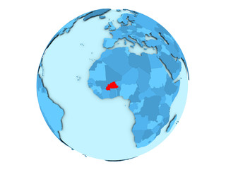 Burkina Faso on blue globe isolated