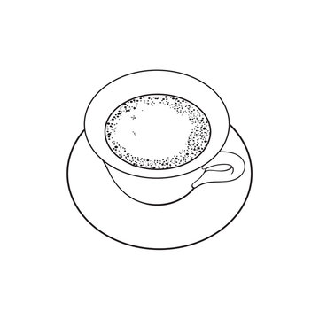 Black and white contour drawing, vector sketch cartoon hand drawn cup of tea on a plate top view. Isolated illustration on a white background.