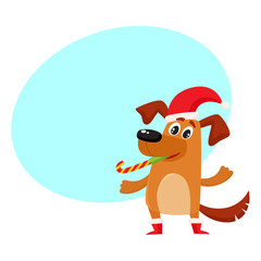 Cute brown funny dog, puppy character in Christmas hat and boots, cartoon vector illustration isolated on white background with speech bubble