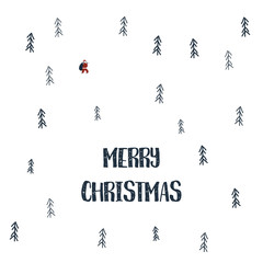 Christmas card vector template with winter landscape and santa claus between snowy trees.