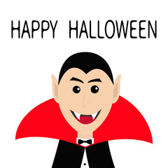 Count Dracula head face wearing black and red cape. Cute cartoon smiling vampire character with fangs. Happy Halloween. Greeting card. Flat design. White background. Isolated.