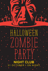 Halloween vector illustration with a creepy zombie's head in a puddle of blood at the cemetery. Background with scary landscape with a graveyard in the night. Horror holiday design.