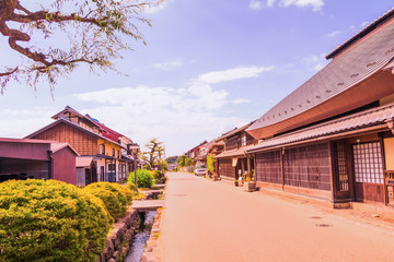 Fototapeta na wymiar A road and the old town of Unno-juku is a post town and dozens of old buildings have been beautifully preserved for the travelers of Hokkoku Road in Tomi-shi, Nagano Prefecture, JAPAN.
