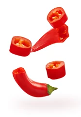 Wall murals Hot chili peppers Collection of cut red chili pepper vegetables isolated on white