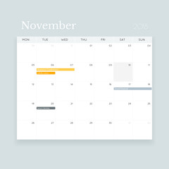 Minimalistic editable vector November 2018 event calendar template