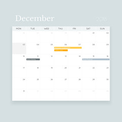 Minimalistic clean vector December 2018 event calendar template