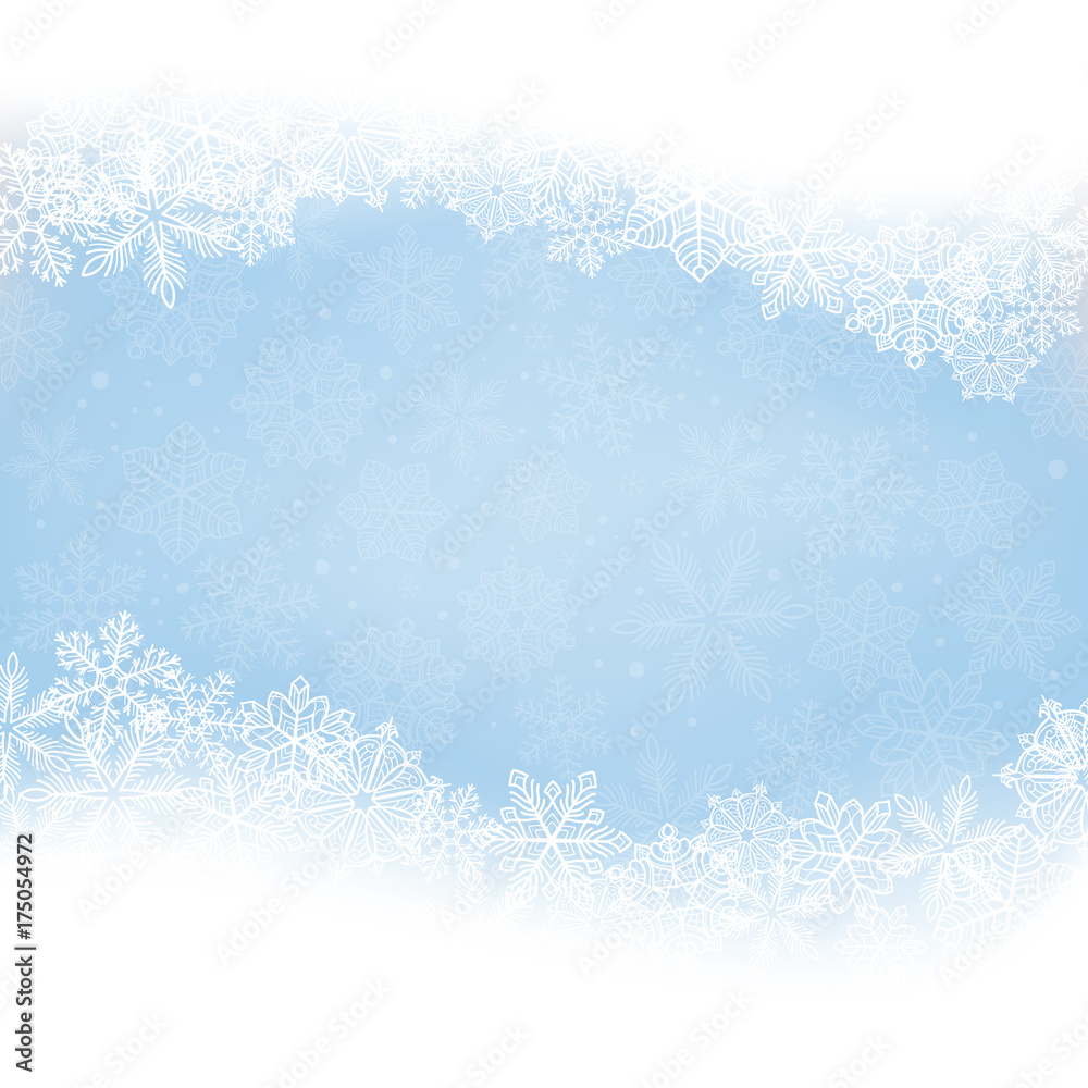 Wall mural winter background. borders made of fluffy snowflakes with space for text on soft blue background wit