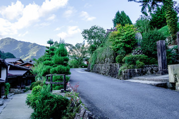 Kiso valley is the old  town or Japanese traditional wooden buildings for the travelers walking at historic old street  in Narai-juku , Nagano Prefecture, JAPAN.