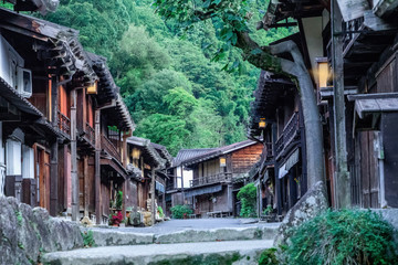 Kiso valley is the old  town or Japanese traditional wooden buildings for the travelers walking at historic old street  in Narai-juku , Nagano Prefecture, JAPAN.