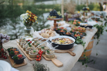 Outdoors fourchette table with traditional moldavian appetizers and fresh flowers - 175055522
