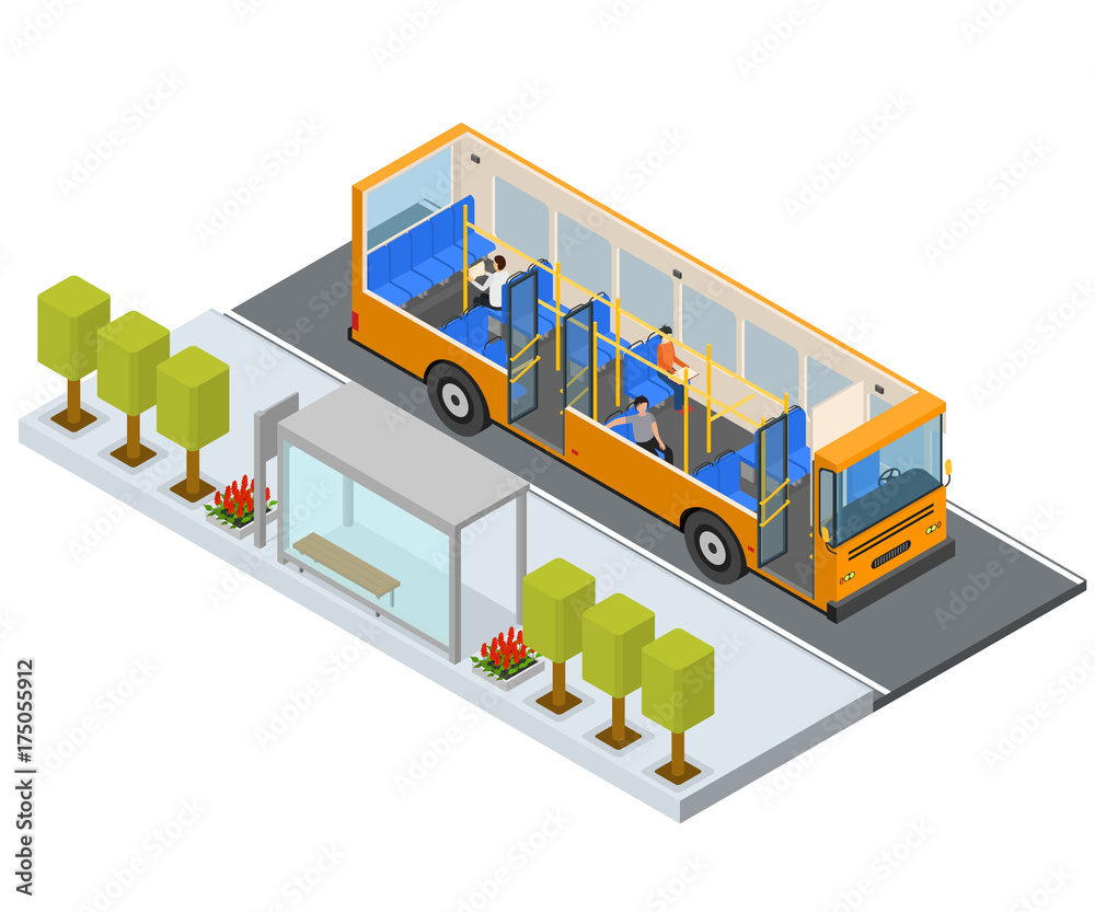 Canvas Prints Bus Stop Station Autobus with People and Seats Isometric View. Vector