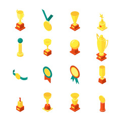Trophy Cups Awards Icon Set Isometric View. Vector
