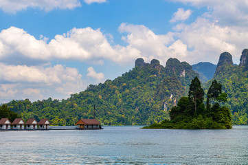 Beautiful mountains lake river sky and natural attractions in Ratchaprapha Dam at Khao Sok National Park, Surat Thani Province, Thailand