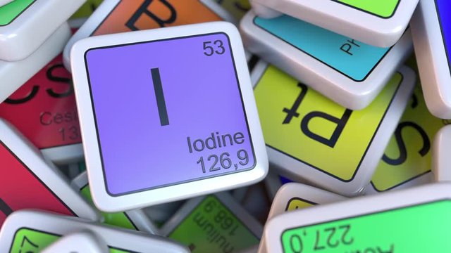 Iodine I block on the pile of periodic table of the chemical elements blocks. Chemistry related intro animation