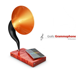 3d Illustration of Old vintage gramophone and mobile phone. Mobile apps concept